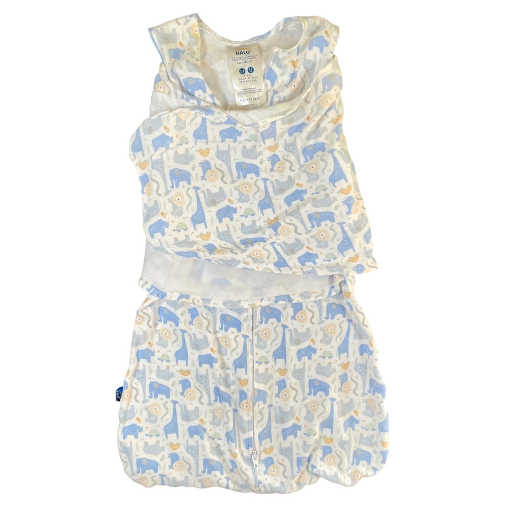 Halo SleepSack Swaddle 3-6M Sml Blue Unisex Safari Animal Elephant Giraffe Lion